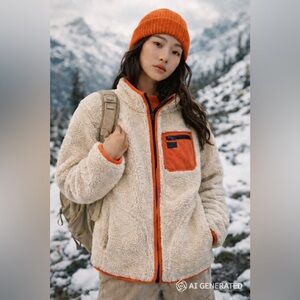 Abercrombie & Fitch Cream and Orange Fleece Sherpa Jacket, size small